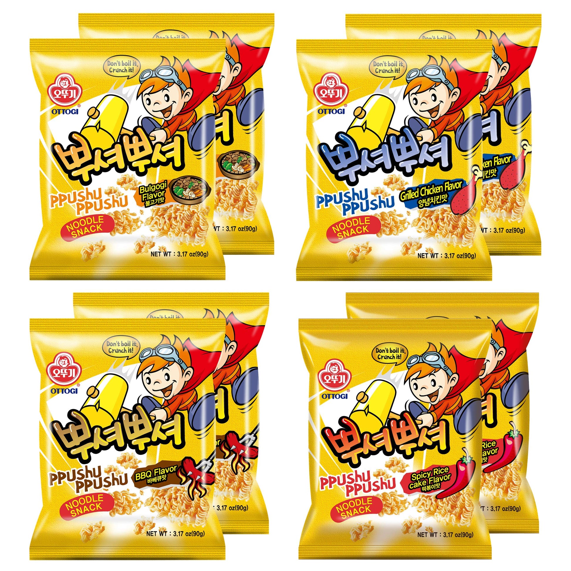 [Ottogi] Ppushu Ppushu Korean Ramen Snack Variety Pack, Crush To Eat Noodle,Bbq, Bulgogi, Grilled Chicken, Spicy Rice Cake Flavors, 3.17Oz (90G) X 8 Pack,Crunch & Shake Noodle Snack