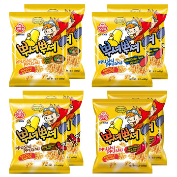 [Ottogi] Ppushu Ppushu Korean Ramen Snack Variety Pack, Crush To Eat Noodle,Bbq, Bulgogi, Grilled Chicken, Spicy Rice Cake Flavors, 3.17Oz (90G) X 8 Pack,Crunch & Shake Noodle Snack