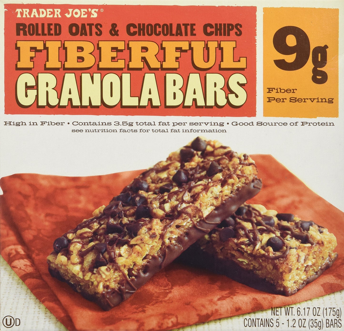 Trader Joe's Fiberful Granola Bars, Oats & Chocolate Chips, 5 Count Pack, 9g Fiber