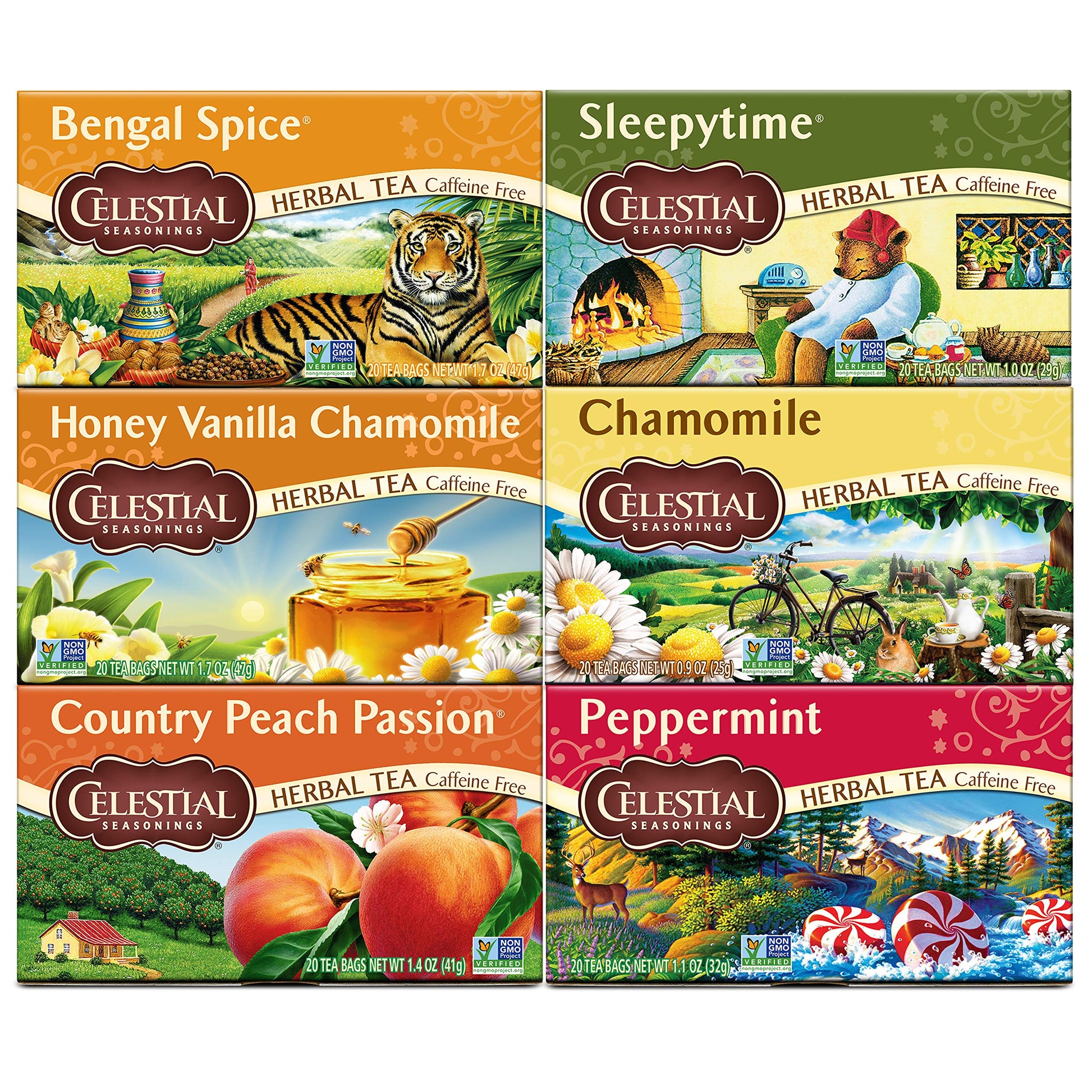 Celestial Seasonings Herbal Tea Variety Pack, Caffeine Free, 20 Tea Bags, Pack of 6