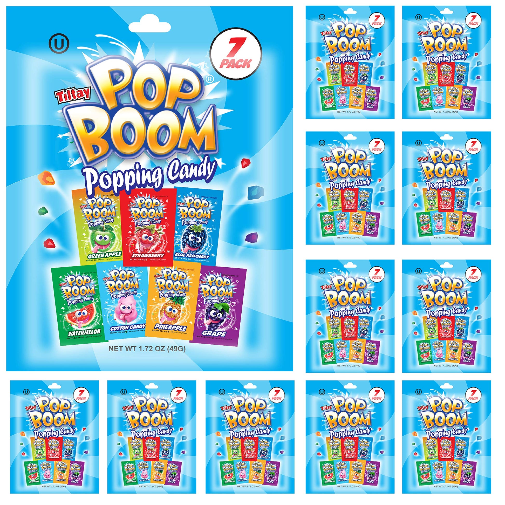 Tiltay Pop Boom Popping Candy - 7 Flavor Assortment, Strawberry, Green Apple, Blue Raspberry, Watermelon, Grape, Pineapple, Cott