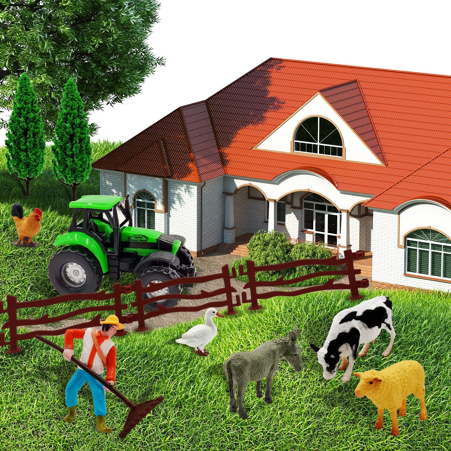 26 Pcs Mini Farm Animal Tractor Cake Topper Set With Tree Farmer Fences Cow Pig Sheep Figures Tractor Farmer Cake Topper For Boy