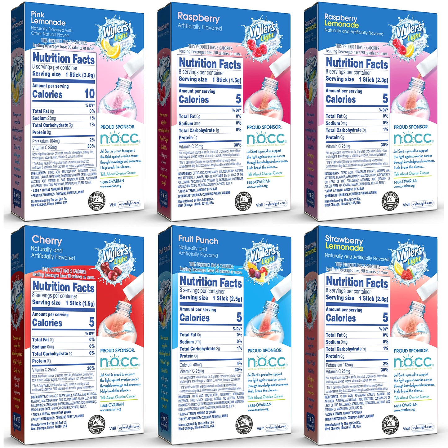 Wylers Light Drink Mix Variety Pack, 48 Sticks, Includes Pink Lemonade, Strawberry Lemonade, Fruit Punch, Cherry, Raspberry
