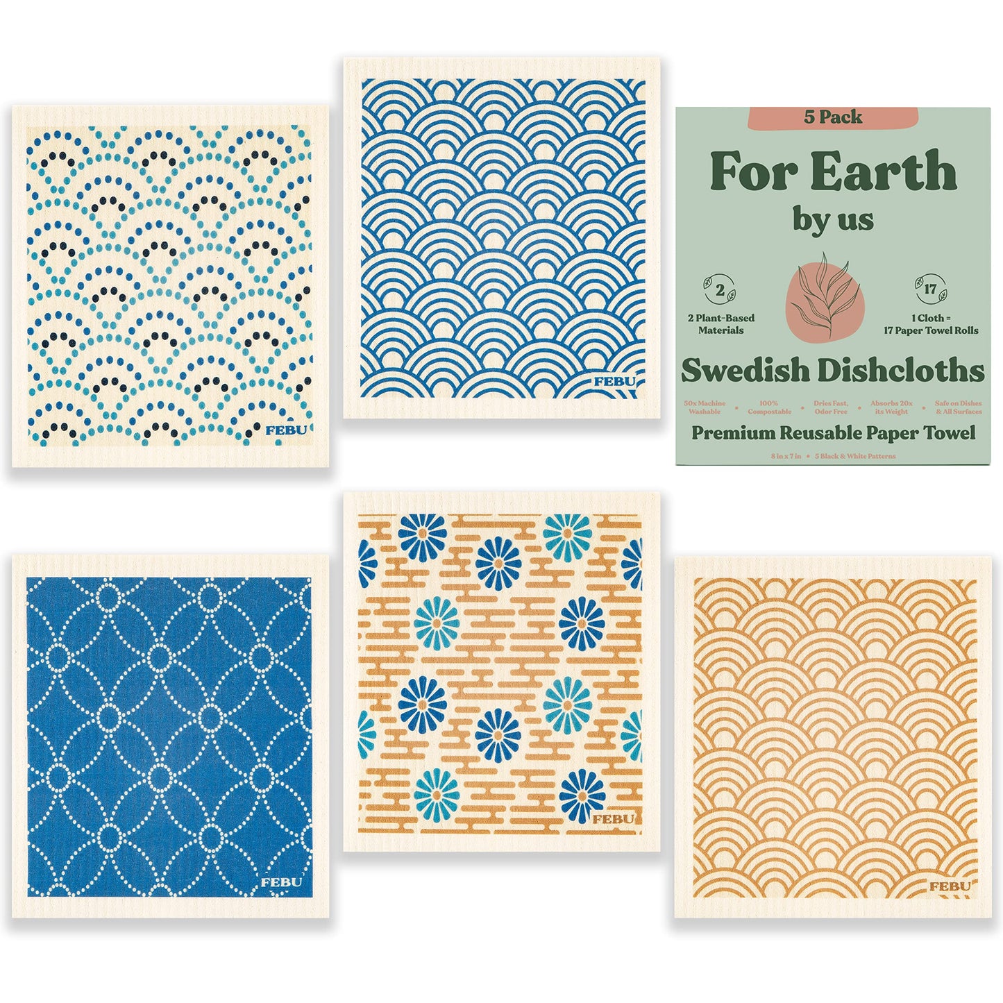 Febu Swedish Dishcloths For Kitchen  5 Pack Japanese Pattern Dish Towels  Reusable Paper Towels Washable  Non-Scratch Cellulose