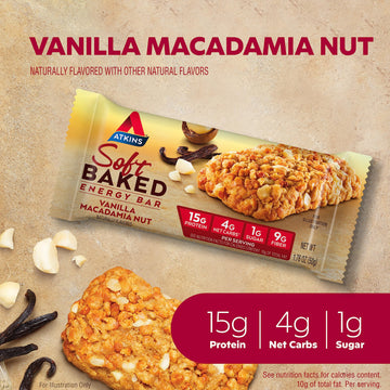 Atkins Vanilla Macadamia Nut Flavored Soft Baked Energy Bars, High In Protein, Low Sugar, High Fiber Snack, Protein Snack, 4 Packs (4 Bars Each)