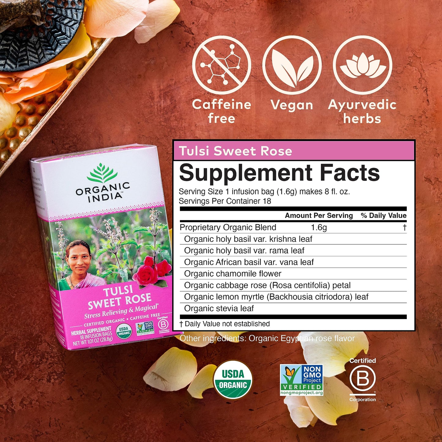 Organic India Tulsi Sweet Rose Herbal Tea - Holy Basil  Stress Relieving & Magical  Immune Support  Adaptogen  Vegan  USDA Certified Organic  Non-GMO  Caffeine-Free - 18 Infusion Bags  1 Pack