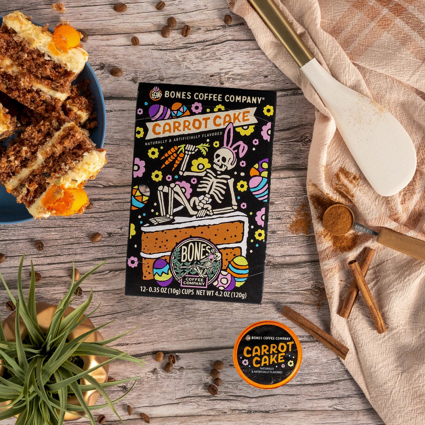 Bones Coffee Company Carrot Cake Flavored Coffee Bones Cups Single-Serve Pods For Coffee Maker 1.0 & 2.0, Carrot Cake Flavor (12