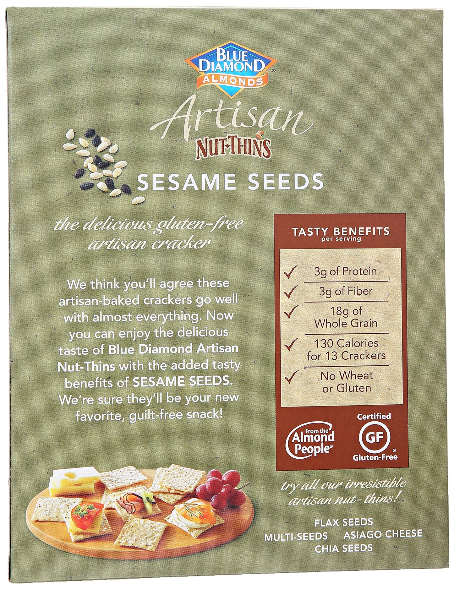 Blue Diamond Almond Artisan Nut Thins Cracker Crisps, Sesame Seeds, 4.25 Ounce