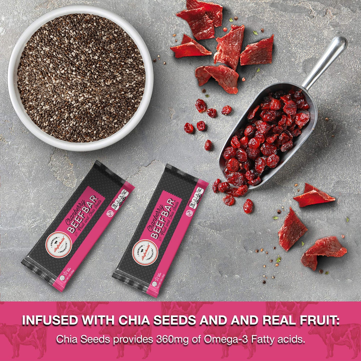 Premium Aufschnitt Beef Bars - High Protein Snack - Cranberry Flavor - 24 Count - Keto Friendly, Kosher, Halal