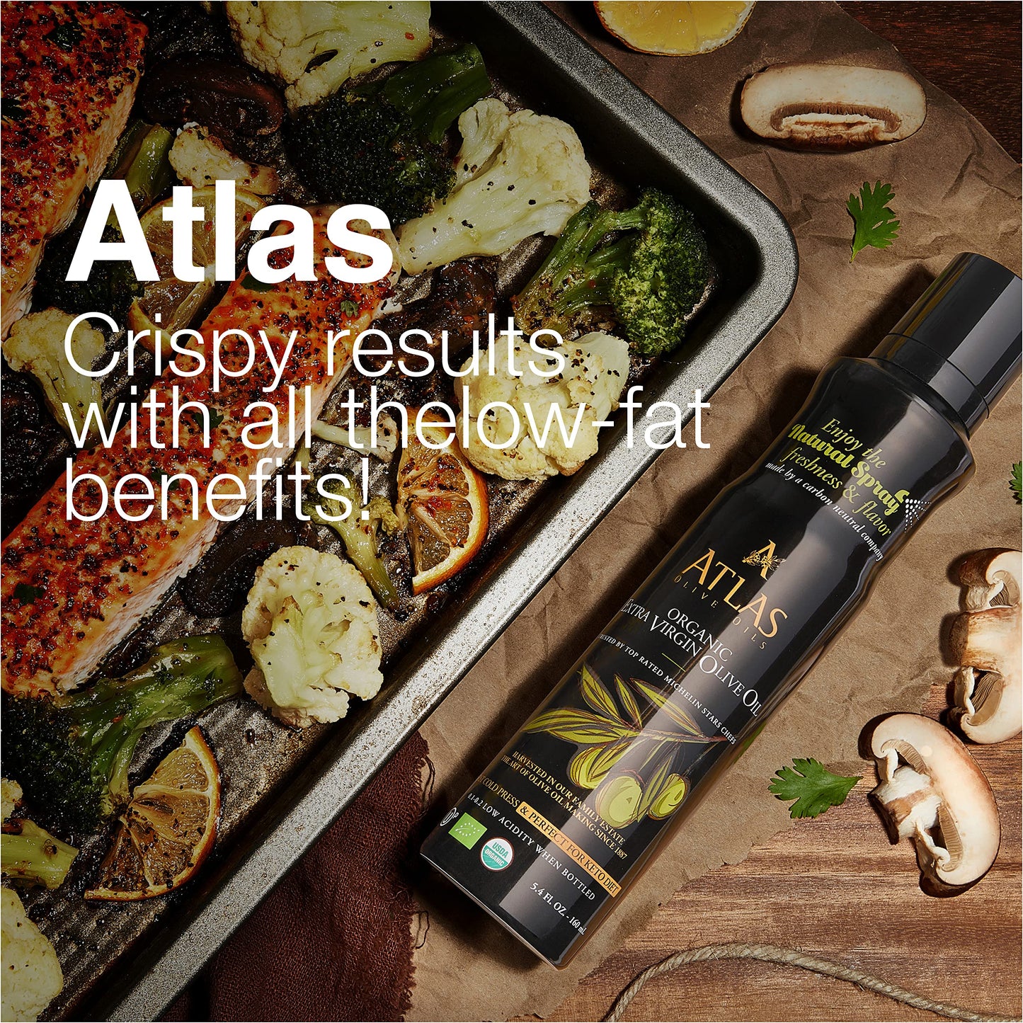 A ATLAS OLIVE OILS Organic Extra Virgin Olive Oil Spray, 5.4 fl oz, Cold Pressed, Polyphenol Rich, Non-Stick Cooking Spray