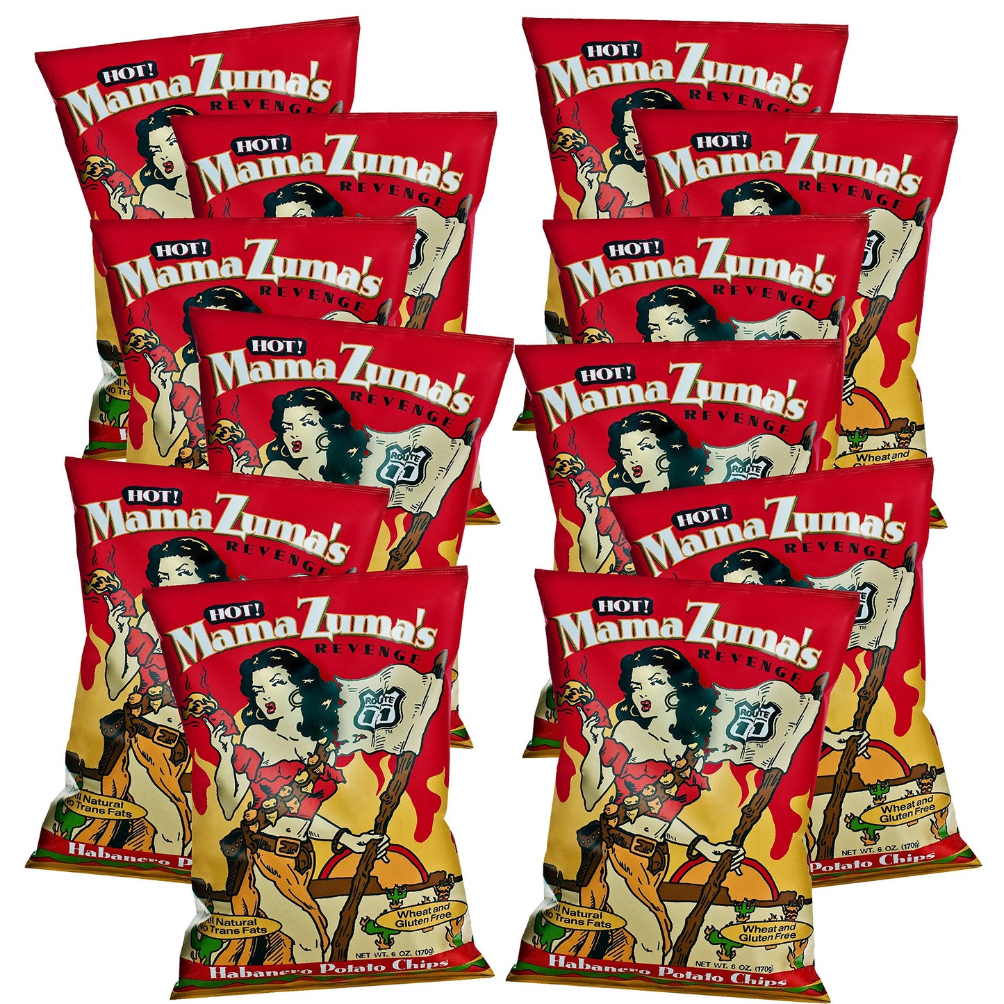 Route 11 Potato Chips Mama Zuma's Revenge - Hot Habanero Jalapeno Spicy Chips, 12 Bags (6 oz each)