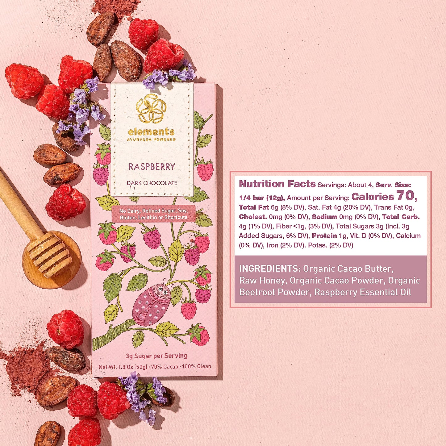 Elements Truffles Raspberry Bar W/Beetroot - Heavy Metal Tested - Dairy Free Chocolate Bar - Paleo, Gluten Free, Non-Gmo, Raw &