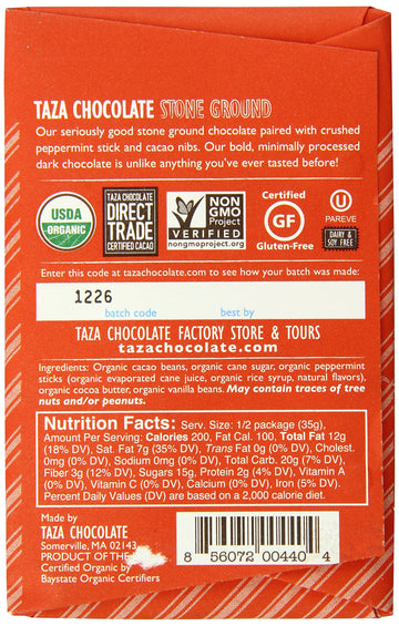 Taza Chocolate Organic Amaze Bar 60% Stone Ground, Peppermint Stick, 2.5 Ounce (1 Count), Vegan