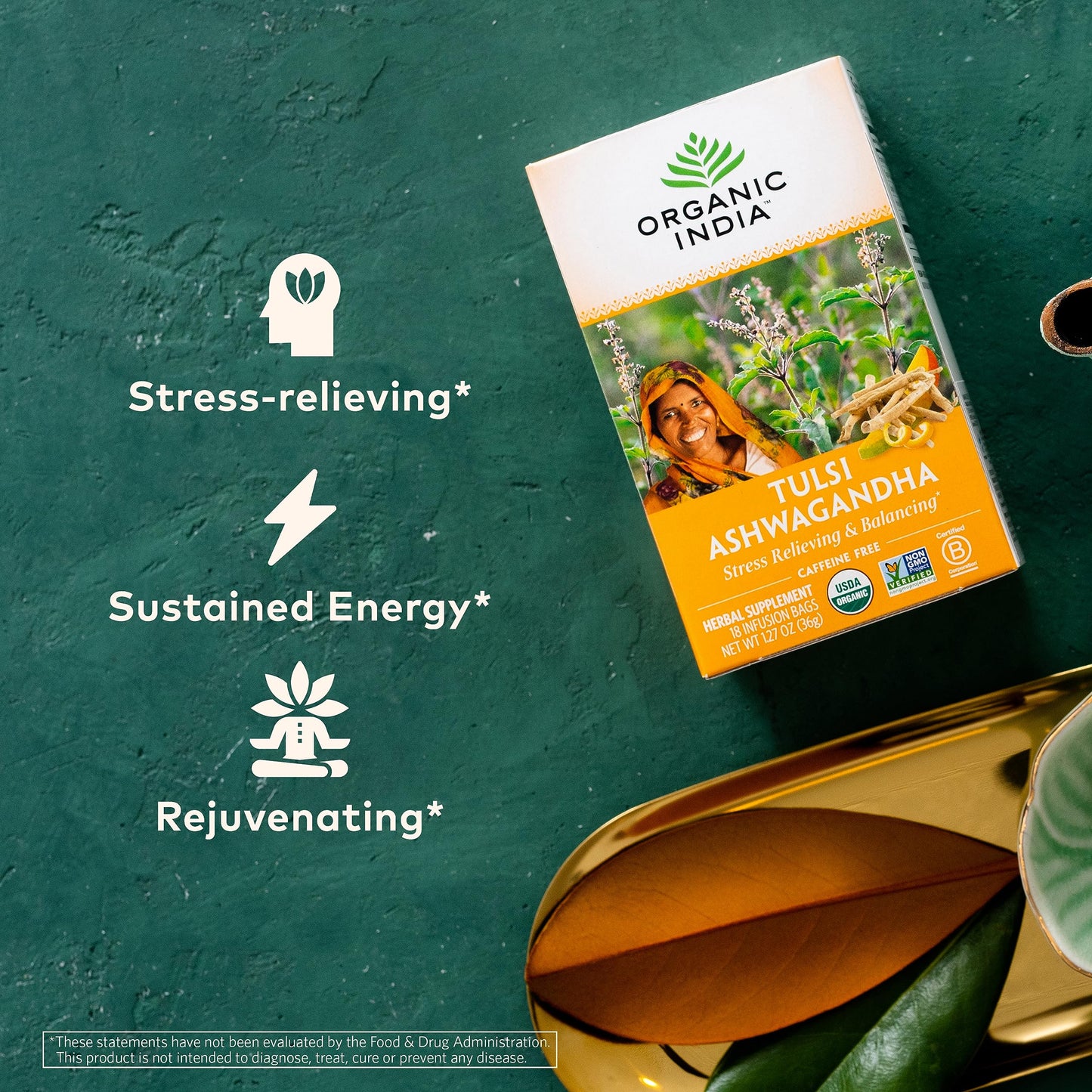 ORGANIC INDIA Tulsi Ashwagandha Herbal Tea - Stress Relieving, Vegan, Gluten-Free - 18 Infusion Bags, Pack of 6