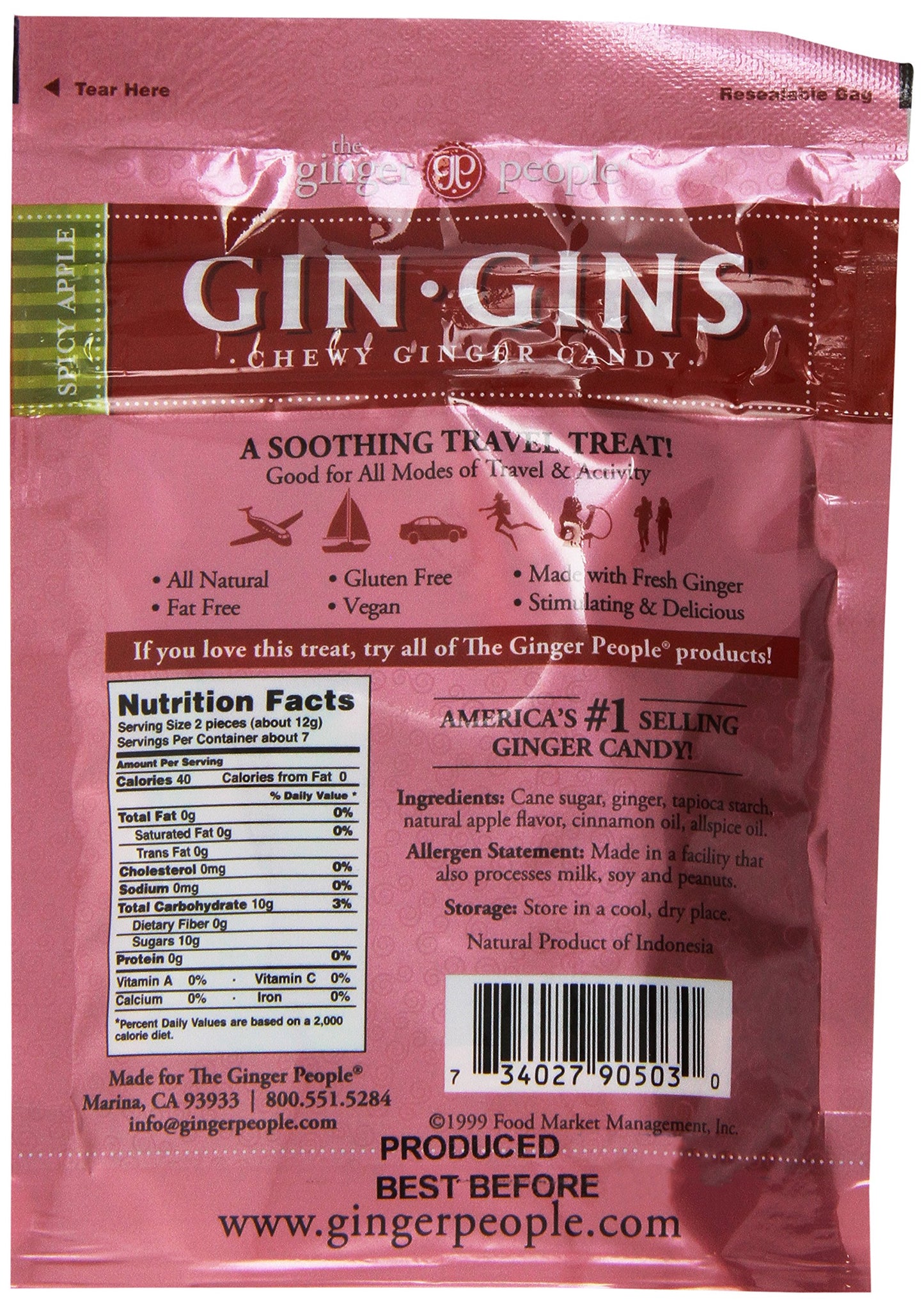 The Ginger People GIN GINS Apple Chewy Ginger Candy - Spicy Apple Flavor, 3 oz Bags, Pack of 3