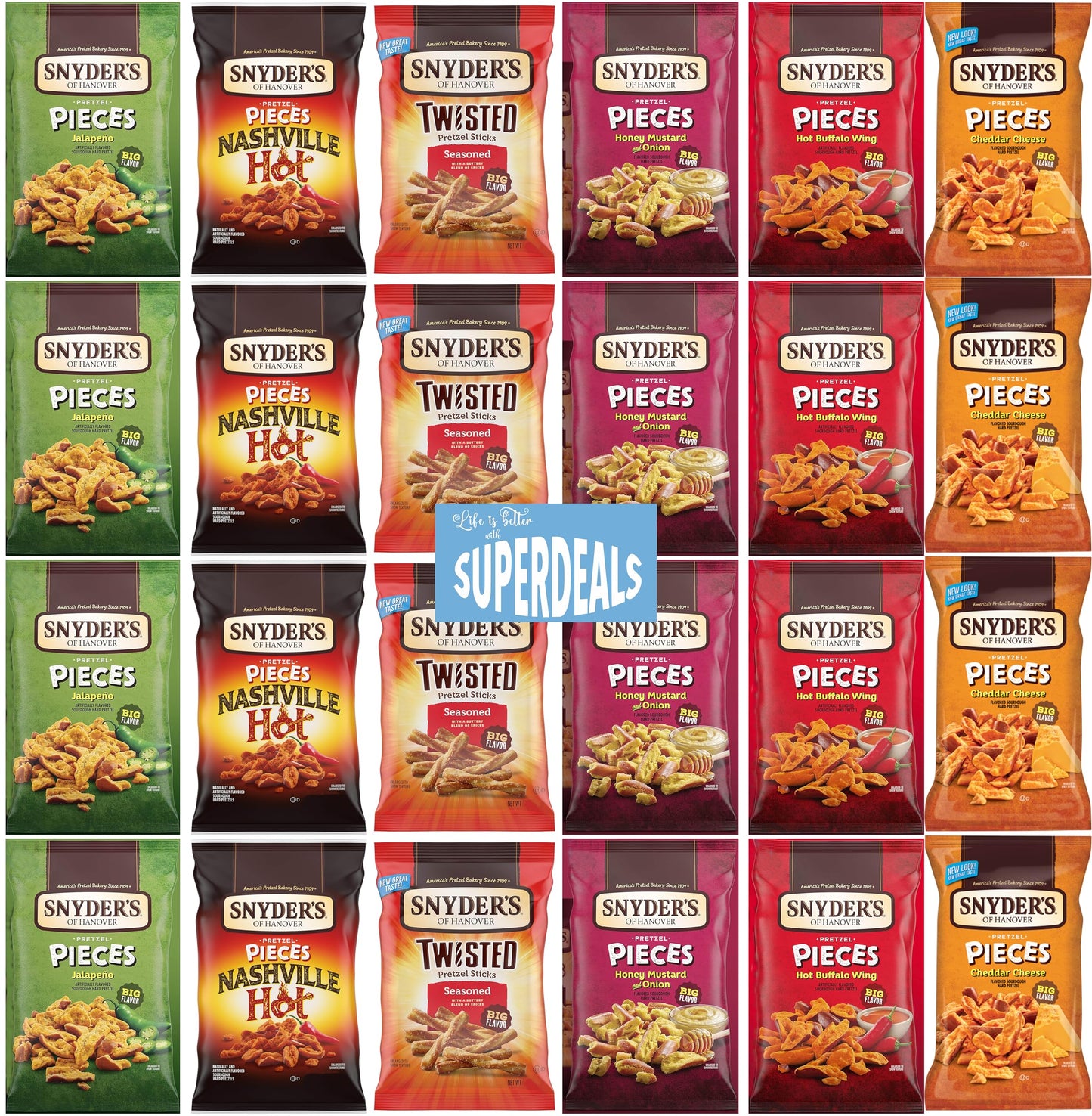 SUPERDEALS Ultimate Snyders Bundle Pack of 24 - 4 Cheddar Cheese, 4 Hot Buffalo Wing, 4 Jalapeno, 4 Honey Mustard, 4 Nashville Hot