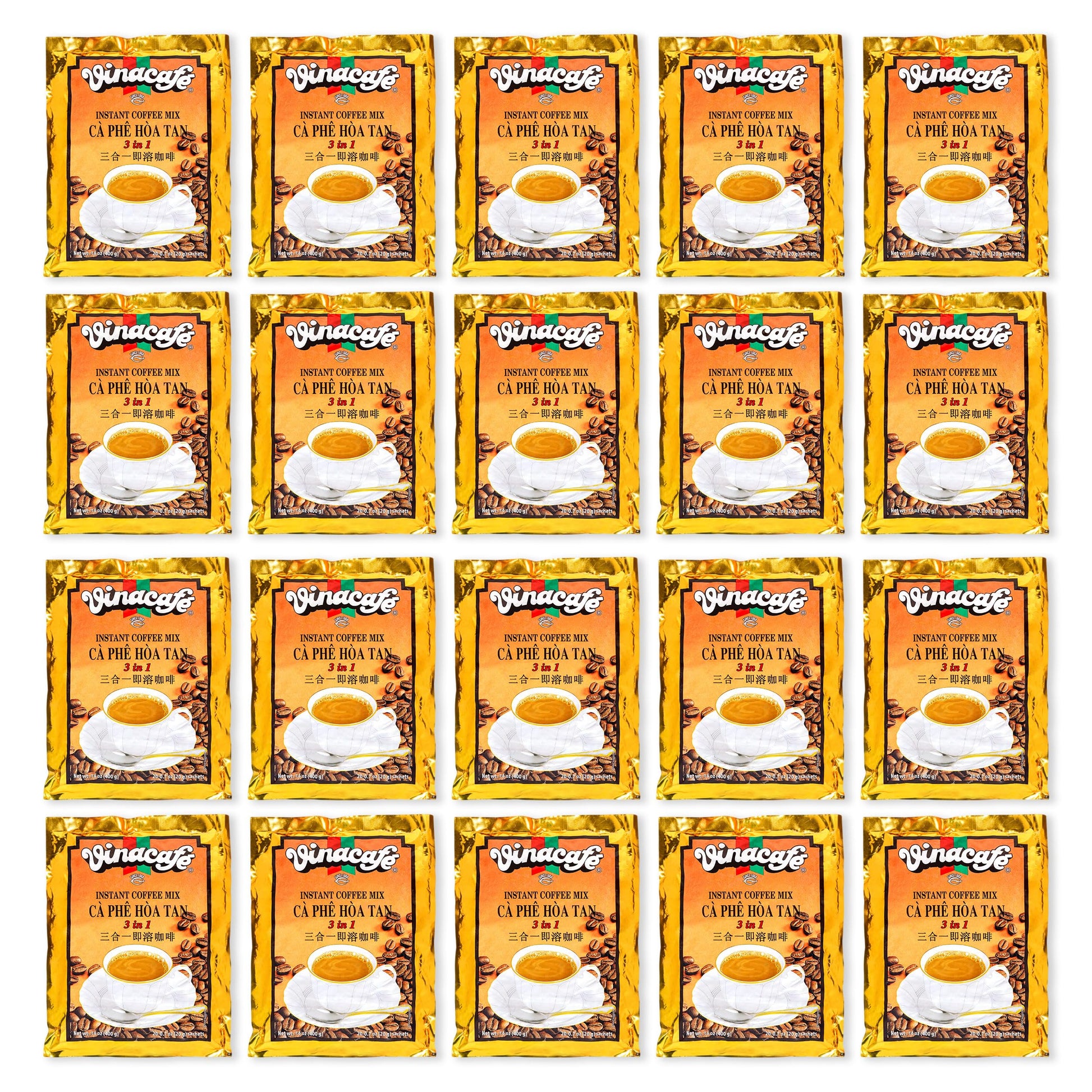 Vinacafe 400 Cts Vietnamese Instant Coffee Mix 3 in 1 Single Serves (Pack of 20 | 20 Sachets Per Bag)