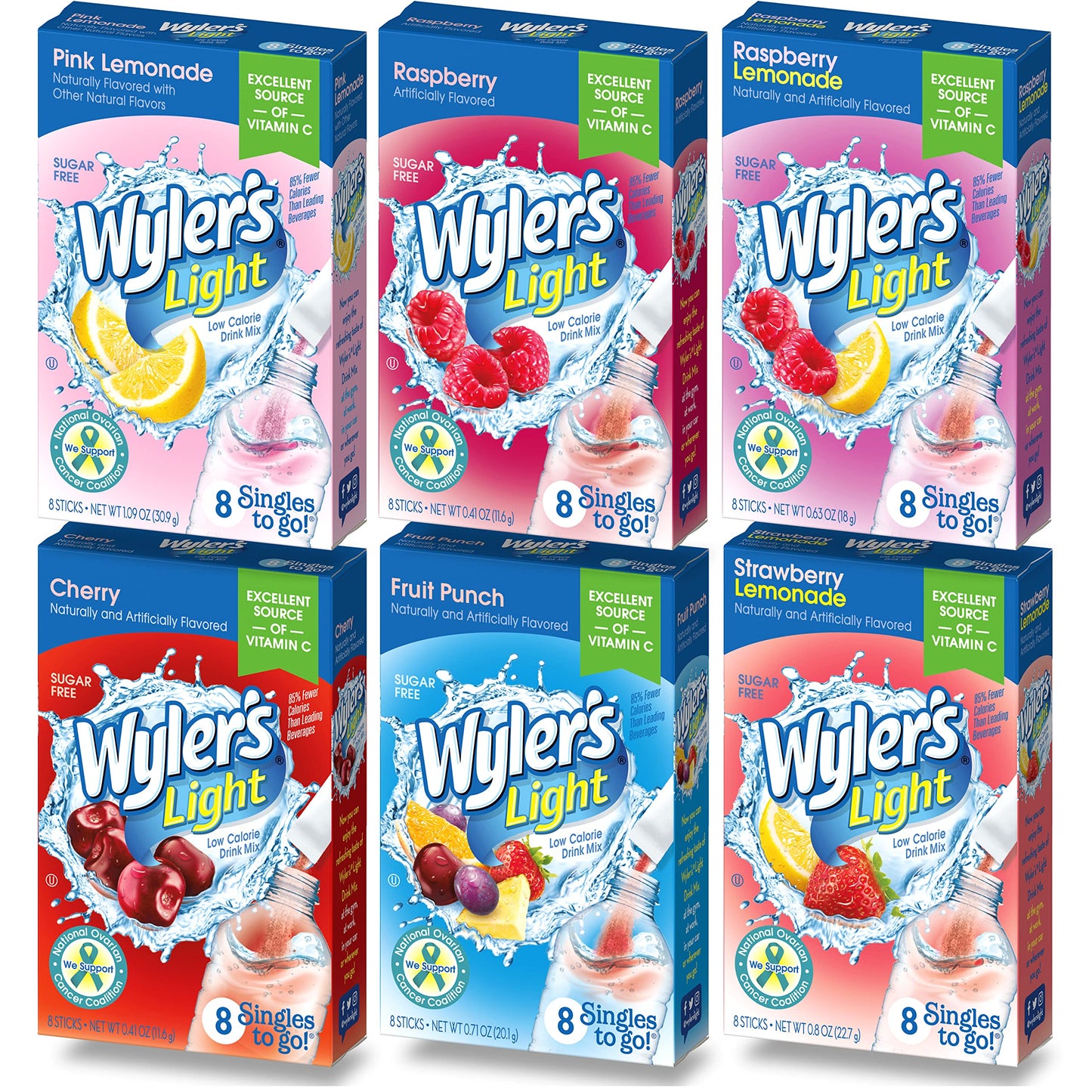 Wylers Light Drink Mix Variety Pack, 48 Sticks, Includes Pink Lemonade, Strawberry Lemonade, Fruit Punch, Cherry, Raspberry