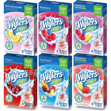 Wylers Light Drink Mix Variety Pack, 48 Sticks, Includes Pink Lemonade, Strawberry Lemonade, Fruit Punch, Cherry, Raspberry