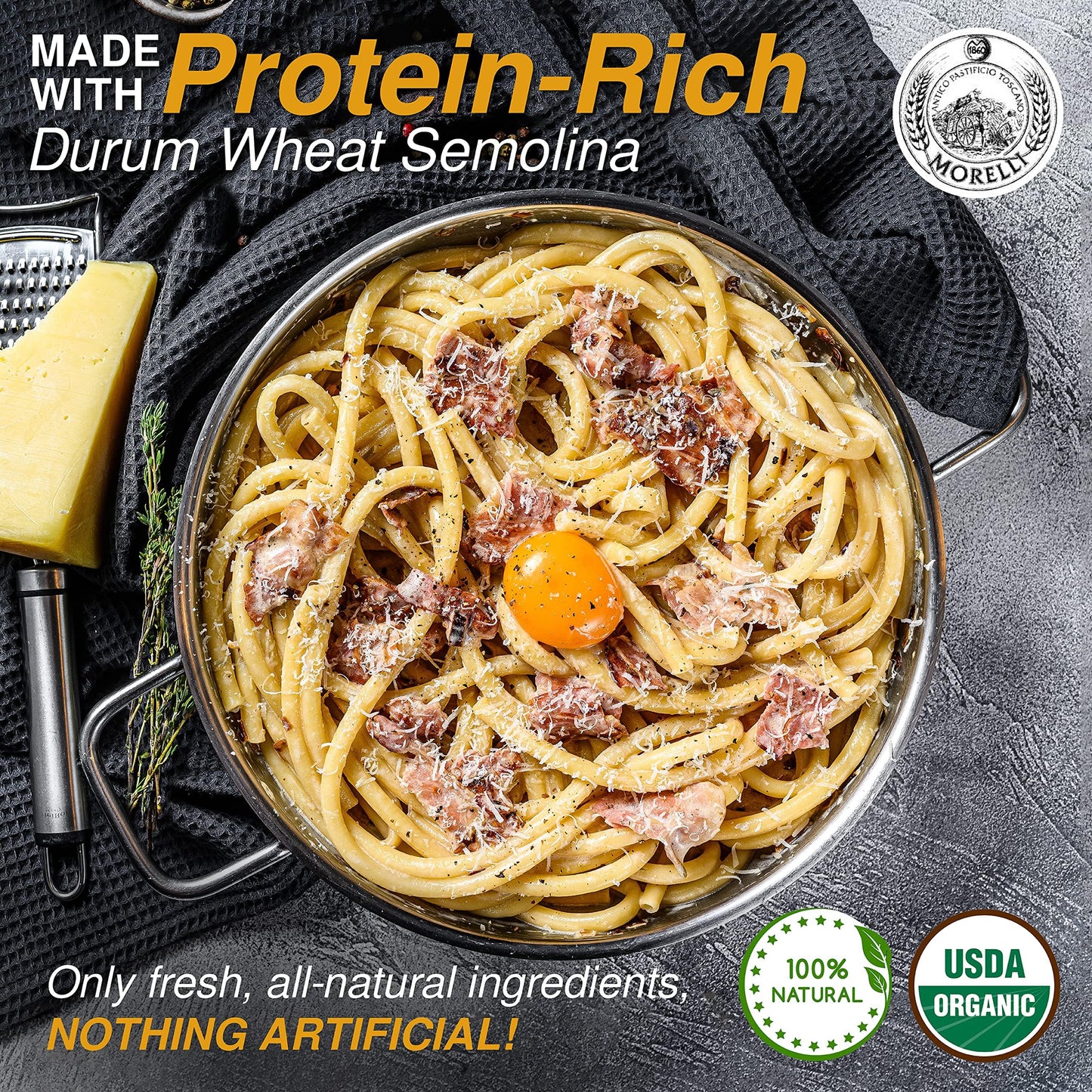 ANTICO PASTIFICIO MORELLI Bucatini Pasta Noodles - Premium Organic Duspirit-inspired flavor Wheat Semolina - 17.6oz / 500g - Yellow