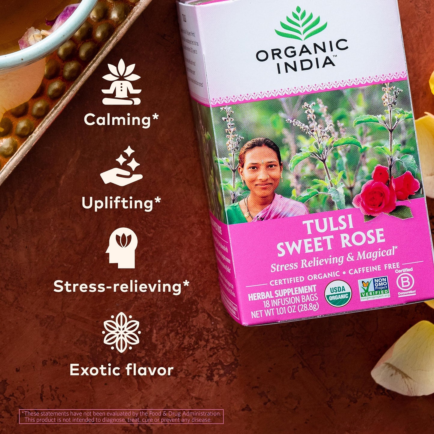 ORGANIC INDIA Tulsi Sweet Rose Herbal Tea - Caffeine Free, Stress Relieving - 18 Count (Pack of 3)