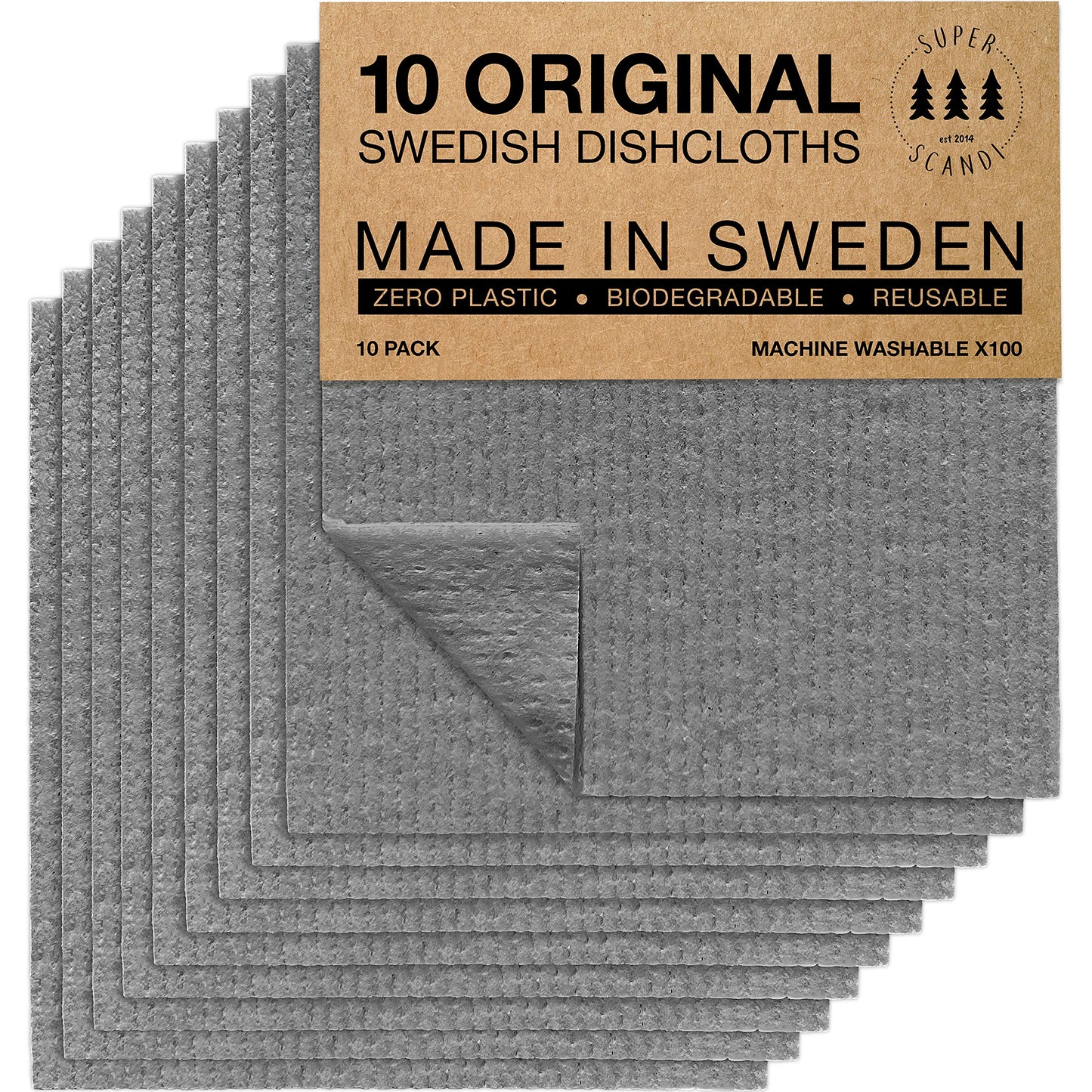 Superscandi Swedish Dishcloths For Kitchen Grey 10 Pack Reusable Compostable Kitchen Cloth Made In Sweden Cellulose Sponge Swedi