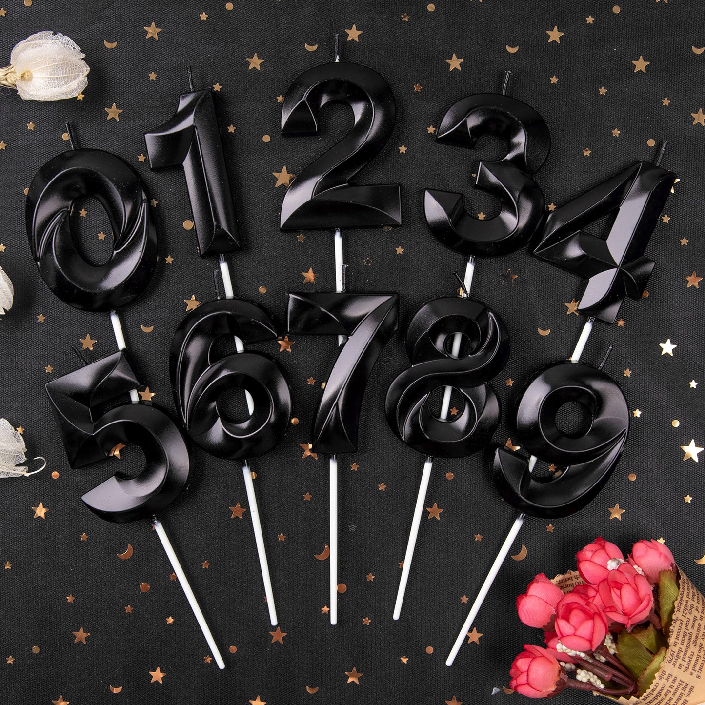 PHD CAKE Black Number Birthday Candles, 2.76 Inch, Wax, Set of 5