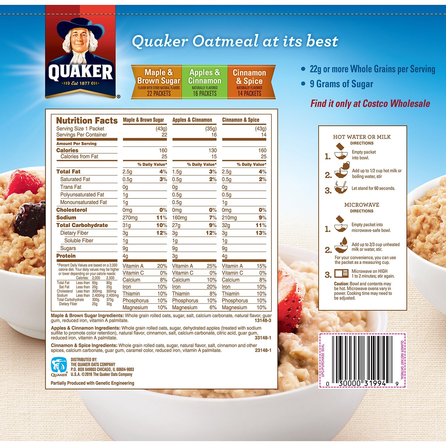 Quaker Instant Oatmeal Variety, 52 Ct