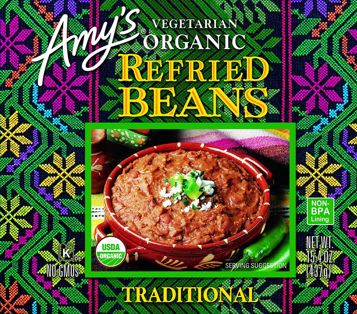 Amys Organic Refried Beans, Traditional, Vegan, Gluten Free, 15.4 Oz (12 Pack), Natural, Model 550