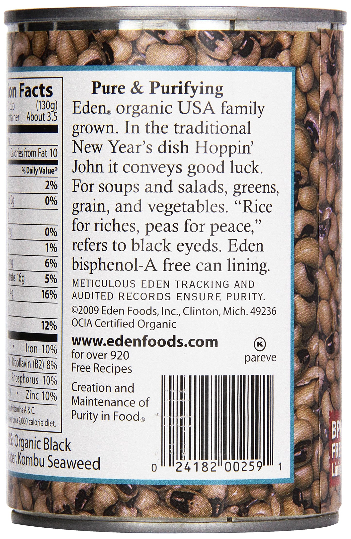 Eden Organic Black Eyed Peas, 15 oz Can, No Salt, Non-GMO, Gluten Free, Vegan, Kosher, U.S. Grown, Heat and Serve, No Preservati