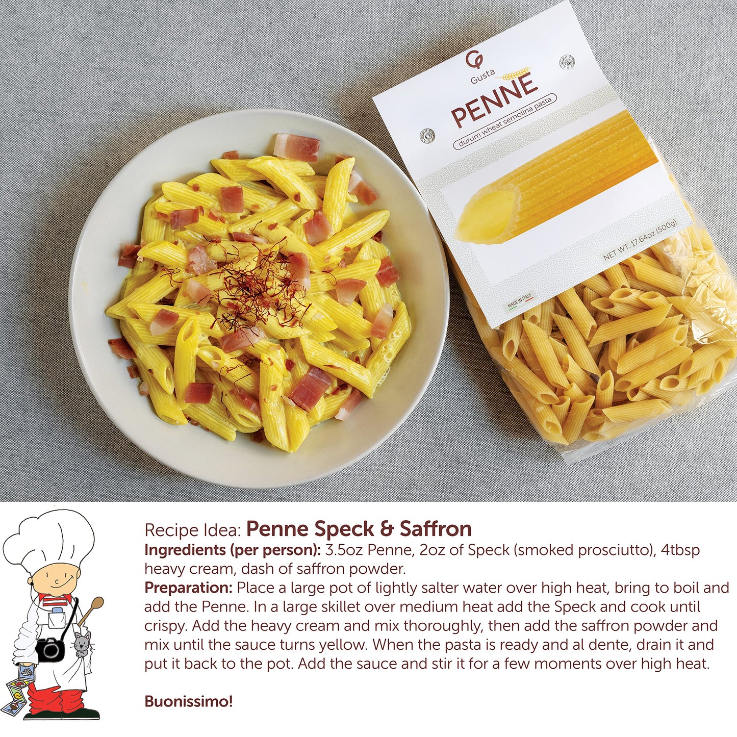 GUSTA Penne Rigate Pasta - Organic Duspirit-inspired flavor Wheat - Non-GMO - 2 Pack (17.64oz / 500g)