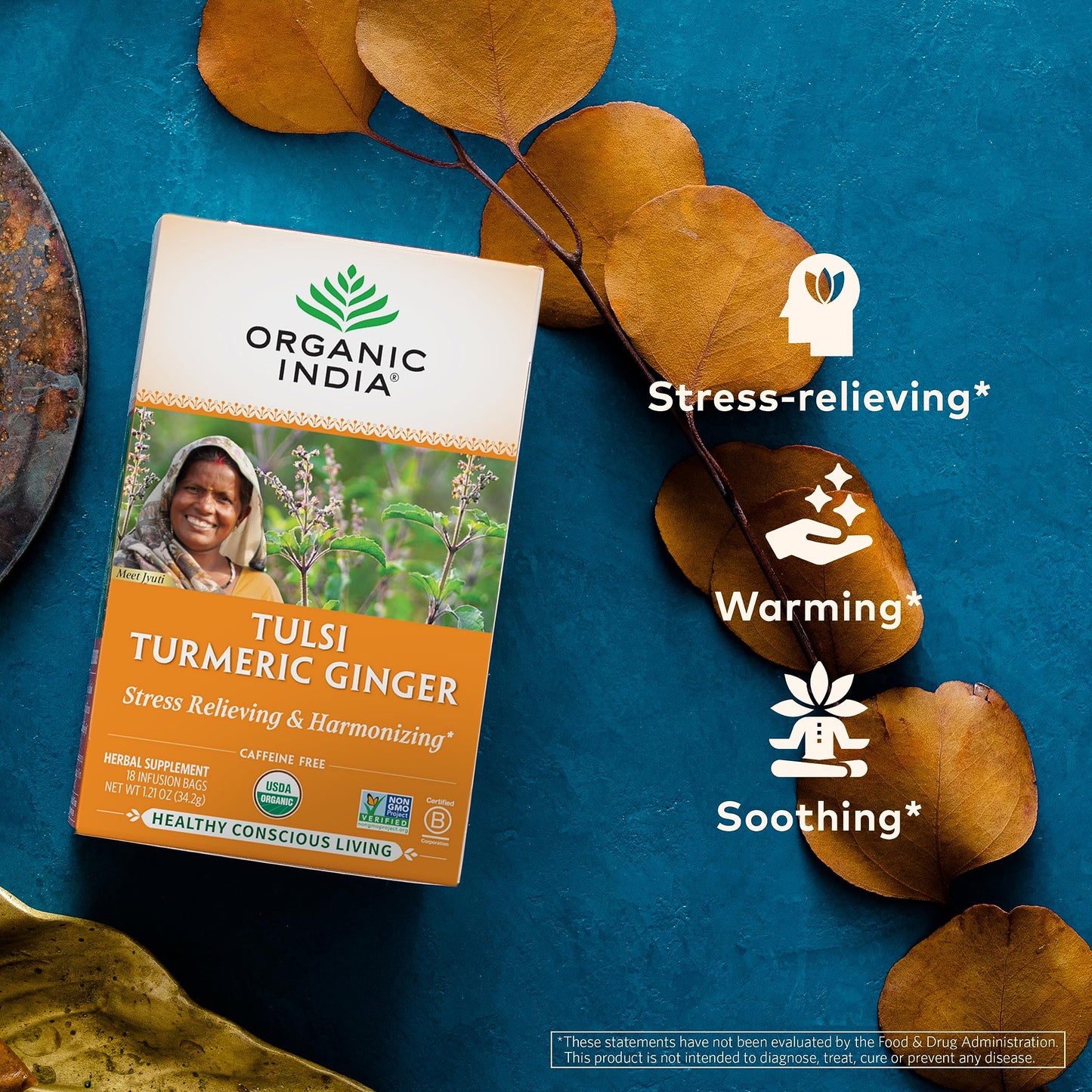 ORGANIC INDIA Tulsi Turmeric Ginger Tea Bags - Herbal Tea, Caffeine-Free, 18 Count (Pack of 1), Model 00270893