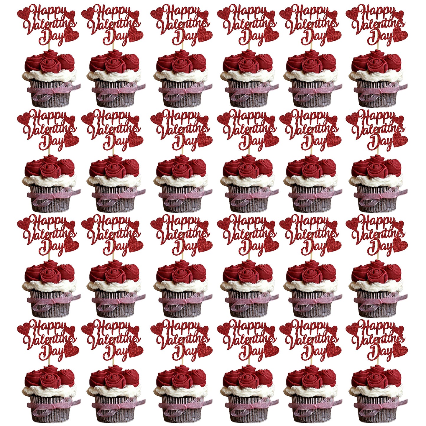 40Pcs Valentines Day Cupcake Toppers Decorations, Red Glitter Happy Valentines Day Cupcake Toppers For Valentine'S Day Decoratio