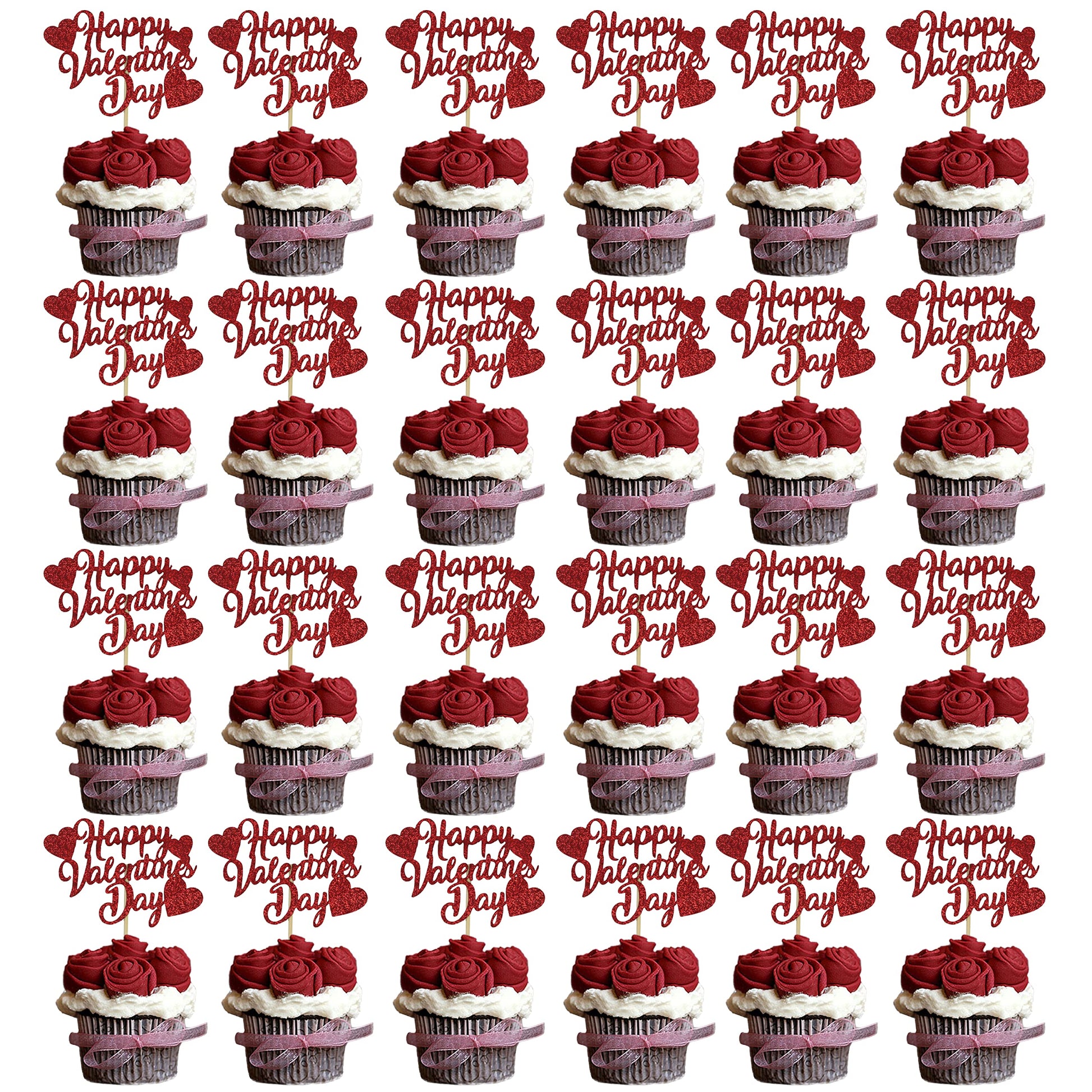 40Pcs Valentines Day Cupcake Toppers Decorations, Red Glitter Happy Valentines Day Cupcake Toppers For Valentine'S Day Decoratio
