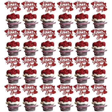 40Pcs Valentines Day Cupcake Toppers Decorations, Red Glitter Happy Valentines Day Cupcake Toppers For Valentine'S Day Decoratio