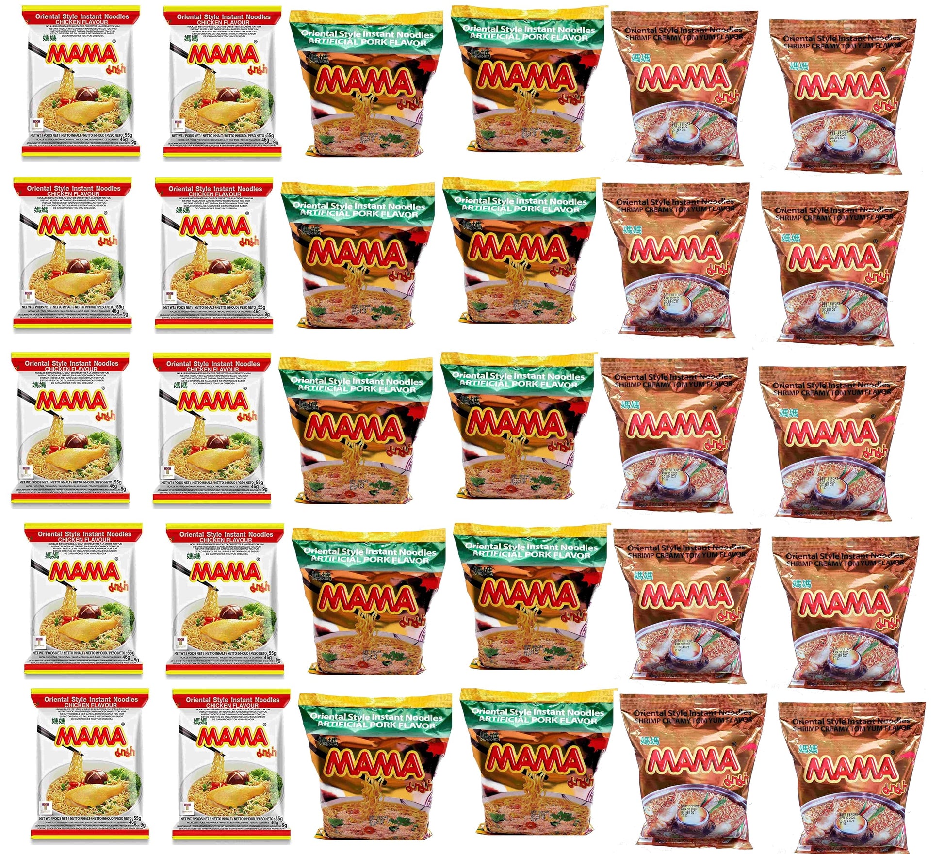 Mama Oriental Style instant noodles Mix Flavor Bundle Package Total 30 Packs (3 Best Flavor Mix Chicken, Pork, Creamy Shrimp) 3 