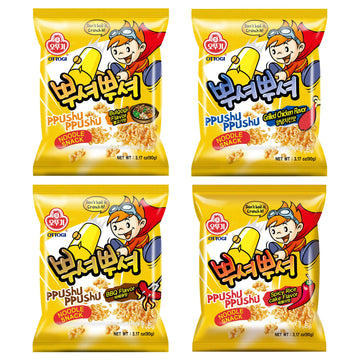 Ottogi PPUSHU Noodle Snack Variety Pack - BBQ, Bulgogi, Grilled Chicken, Spicy Rice Cake Flavors - 4 Pack, 3.17 Ounce Each