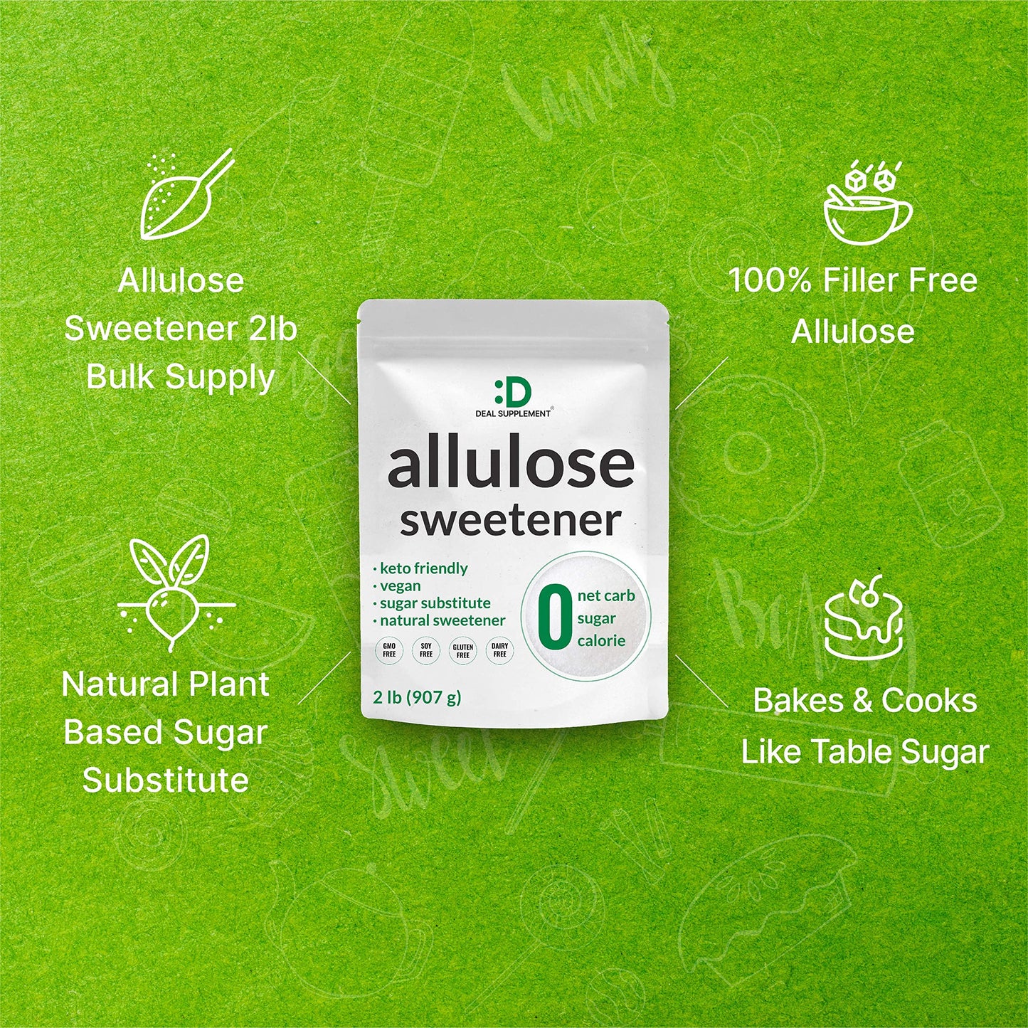 Allulose Sweetener 2 Pounds - Natural Sugar Subsitutes, No Aftertaste - Keto Friendly, Vegan, Zero Net Carb, Zero Calorie, Great