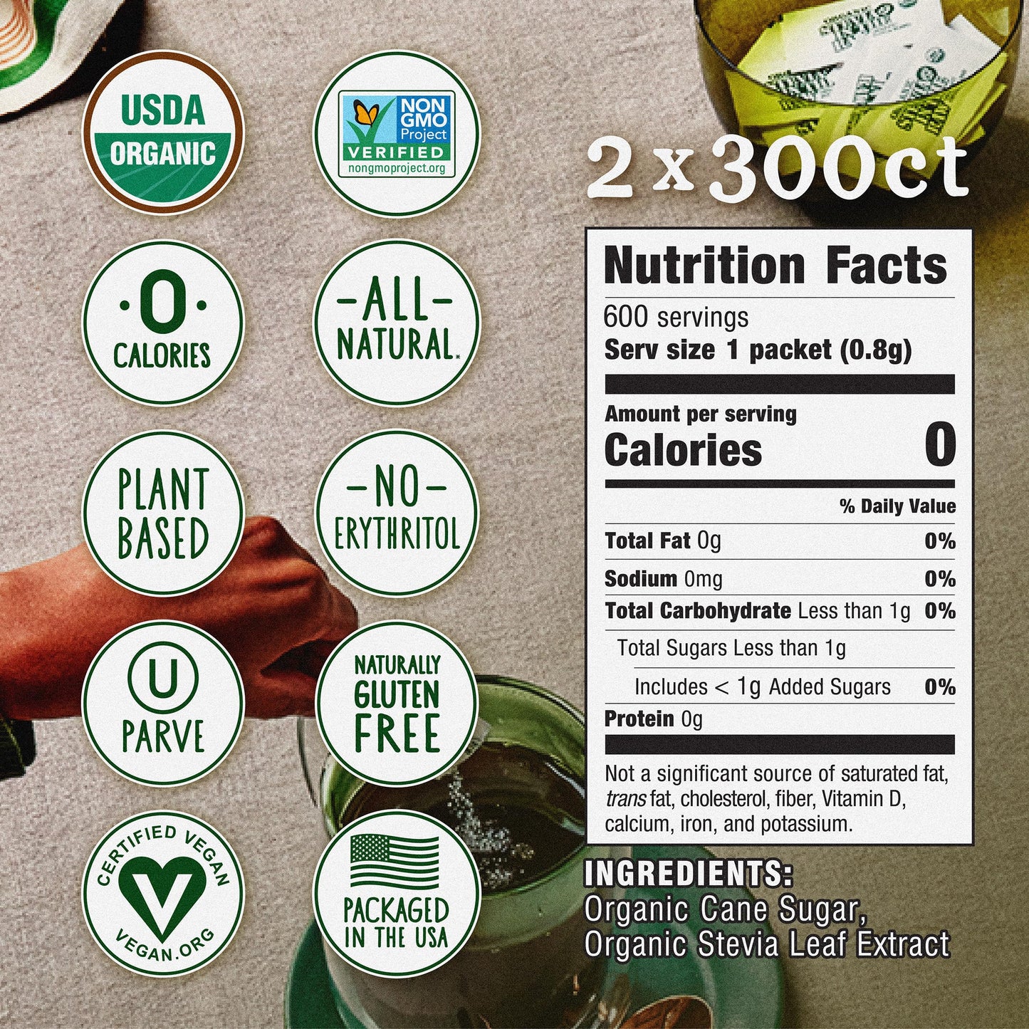 IN THE RAW Organic Stevia Sweetener Packets, 300 Ct Box (2 Pack) - Zero Calorie, No Erythritol, USDA Organic, Non-GMO, Vegan