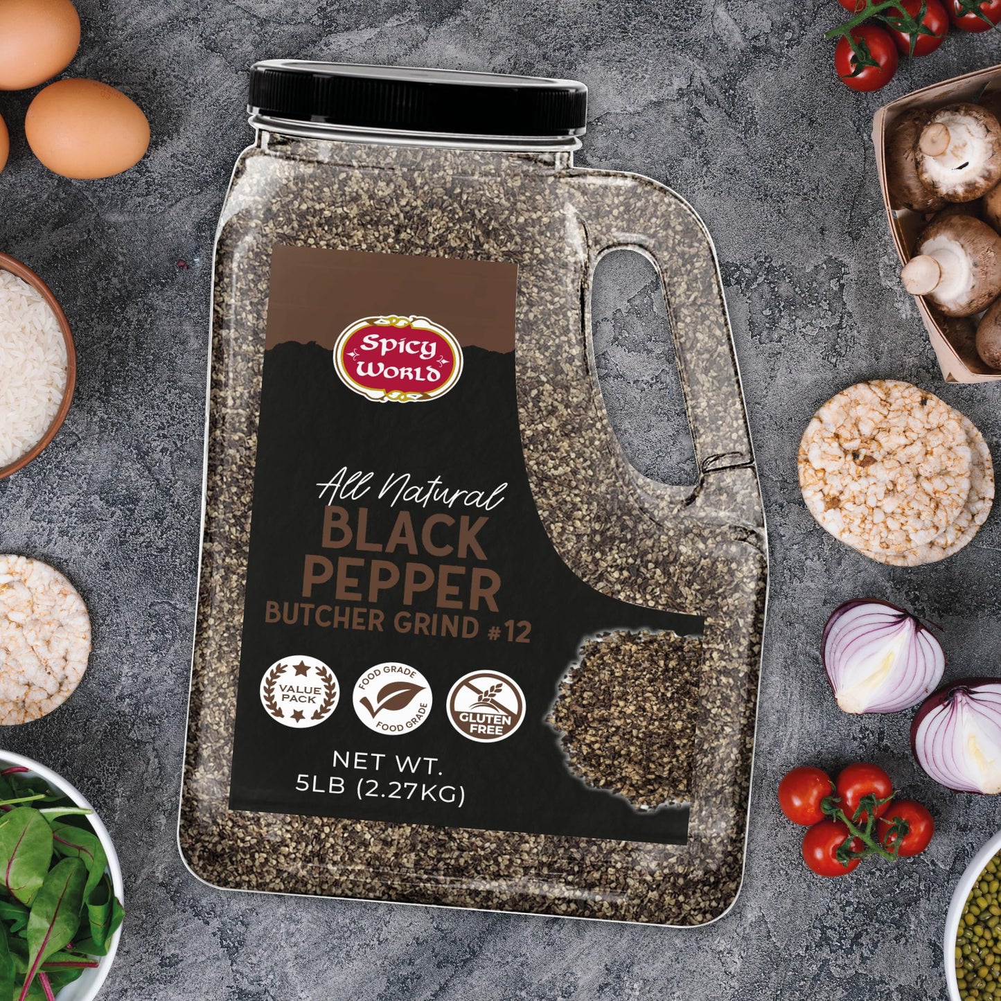 Black Pepper Ground Coarse 5 LB Bulk Jar Butcher Grind #12 - enhanced Ground Black Peppercorns  All Natural  Gluten Free  Steam Sterilized - Restaurant Supply & BBQ Seasoning by Spicy World