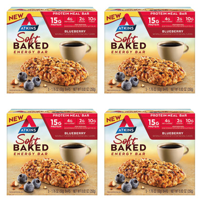 Atkins Soft Baked Energy Bars, Blueberry, 15g Protein,2g Sugar, Excellent Source of Fiber, Low Carb, 4 Packs (5 Bars Each)