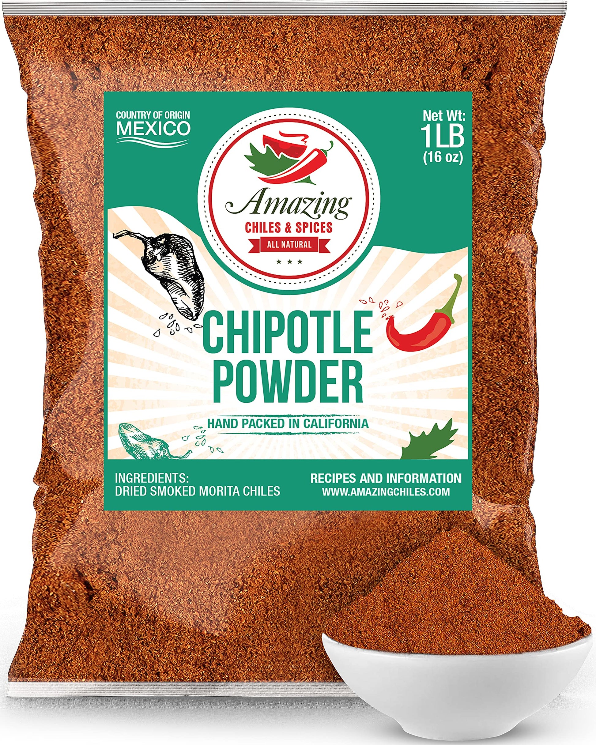 Chipotle Chili Powder Seasoning 1 LB (16oz) - Natural and enhanced. Great For Meats  Grilling Rubs  Sauces  Salsa. Medium to High Heat - Sweet & Smoky Flavor. By Amazing Chiles & Spices.