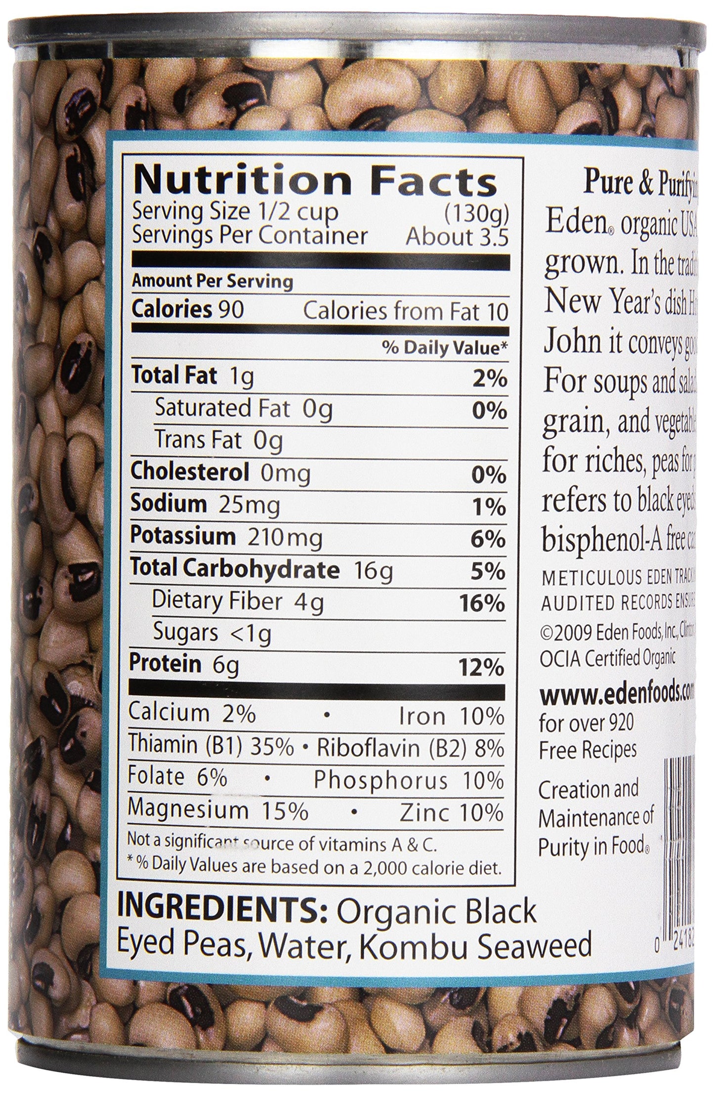 Eden Organic Black Eyed Peas, 15 oz Can, No Salt, Non-GMO, Gluten Free, Vegan, Kosher, U.S. Grown, Heat and Serve, No Preservati