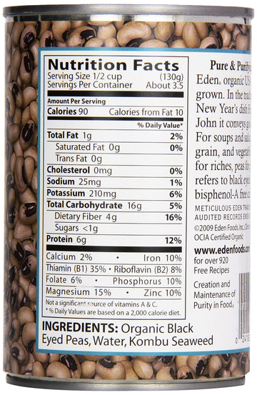 Eden Organic Black Eyed Peas, 15 oz Can, No Salt, Non-GMO, Gluten Free, Vegan, Kosher, U.S. Grown, Heat and Serve, No Preservati