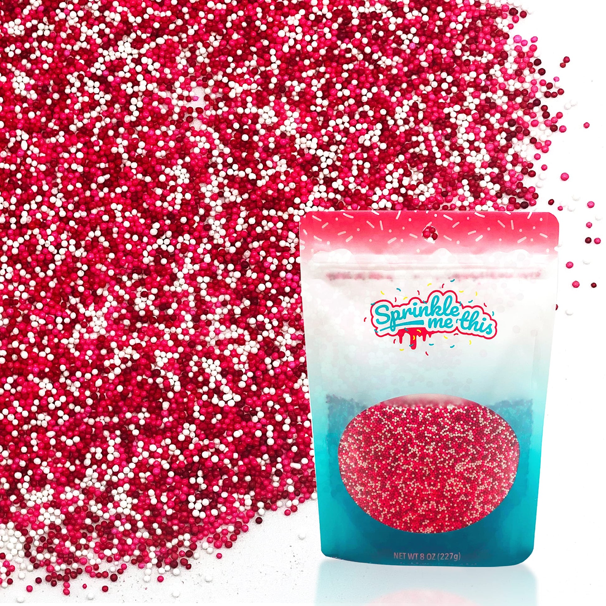 WeRe The Perfect Match - 8 Oz Resealable Stand Up Candy Bag - Pink  White  And Red Mini Nonpareils - Valentines Day Themed Sprinkles For Desserts And Baked Goods