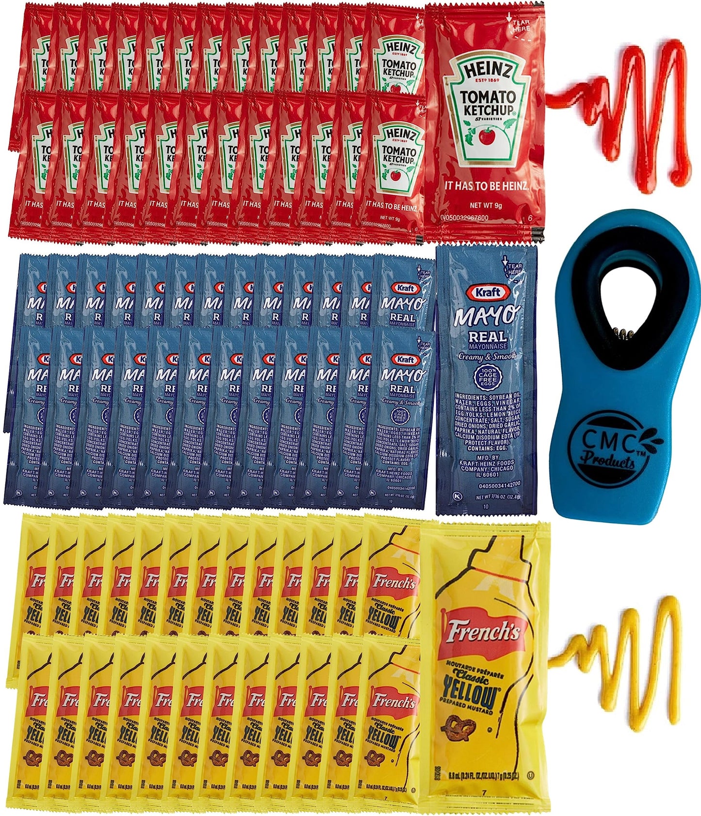 Gift Set: 25 Ketchup, 25 Mustard & 25 Mayo Packets - 75 Total Condiment Packs With Cmc Products Clip And Spreader (Approximately 25 Packets Each)