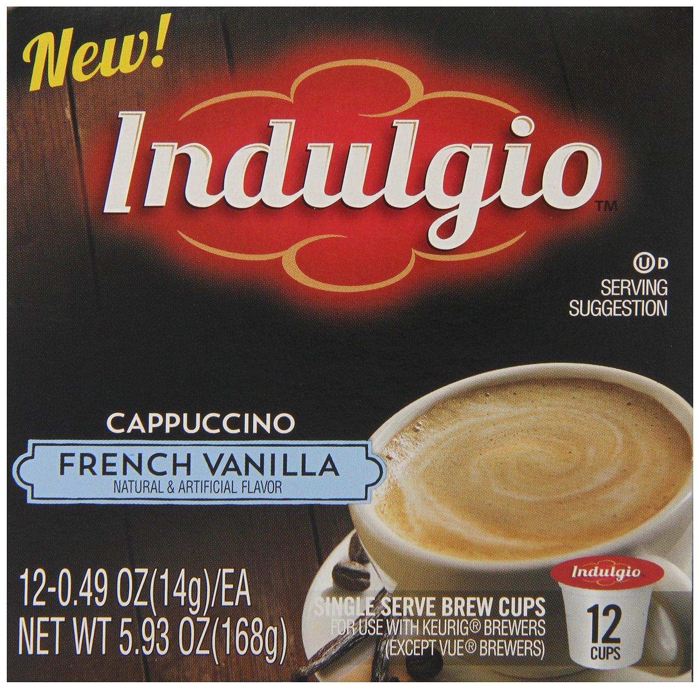 Indulgio Cappuccino Pods, French Vanilla, 12-Count Single Serve Cups for Keurig K-Cup malt-inspired, White