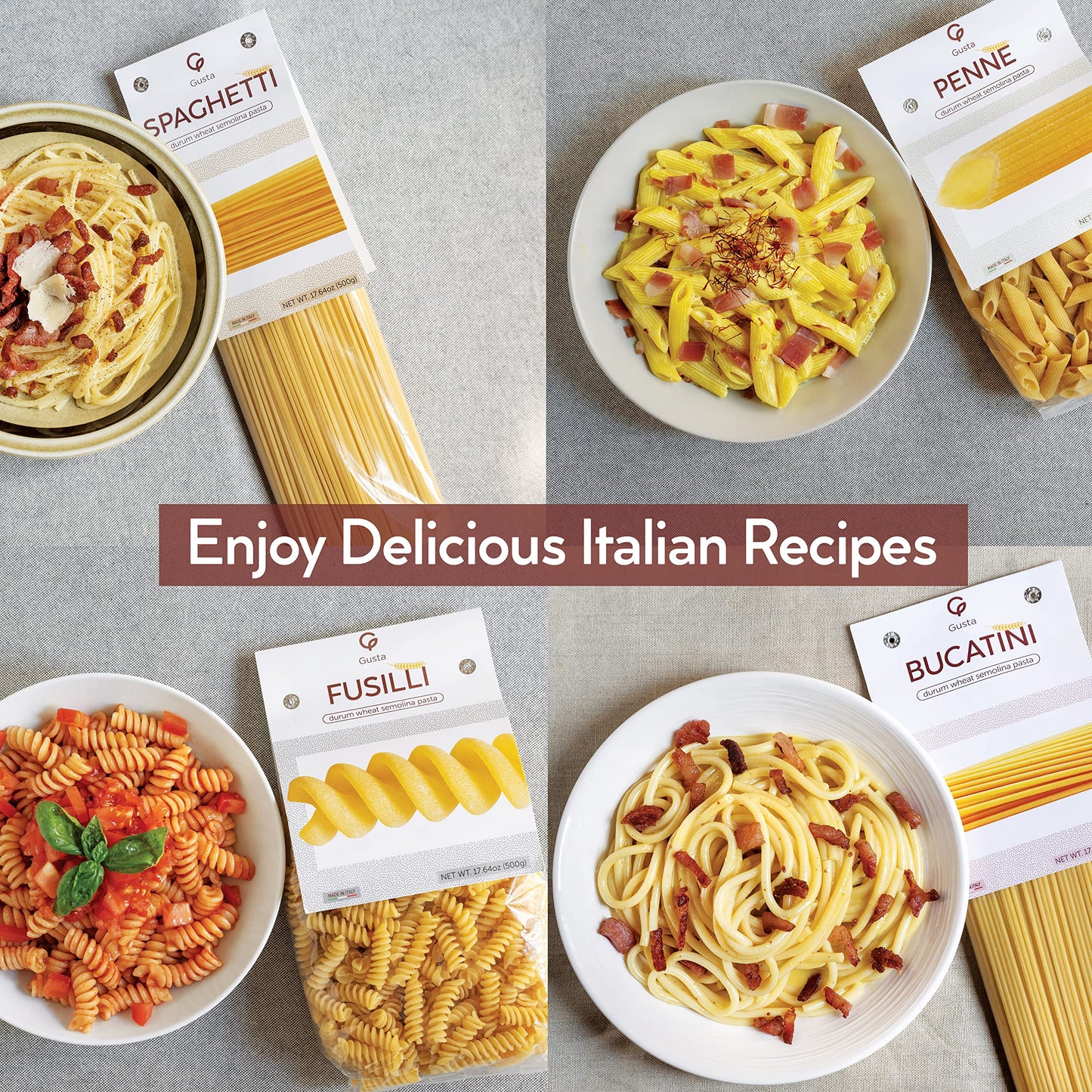 Gusta Bucatini Pasta Noodles Variety Pack - enhanced Italian Pasta from Italy - Durum Wheat Semolina - Slow Drying - Non-GMO & Gourmet - Family Owned Brand - 17.64oz / 500g (8 Pack)