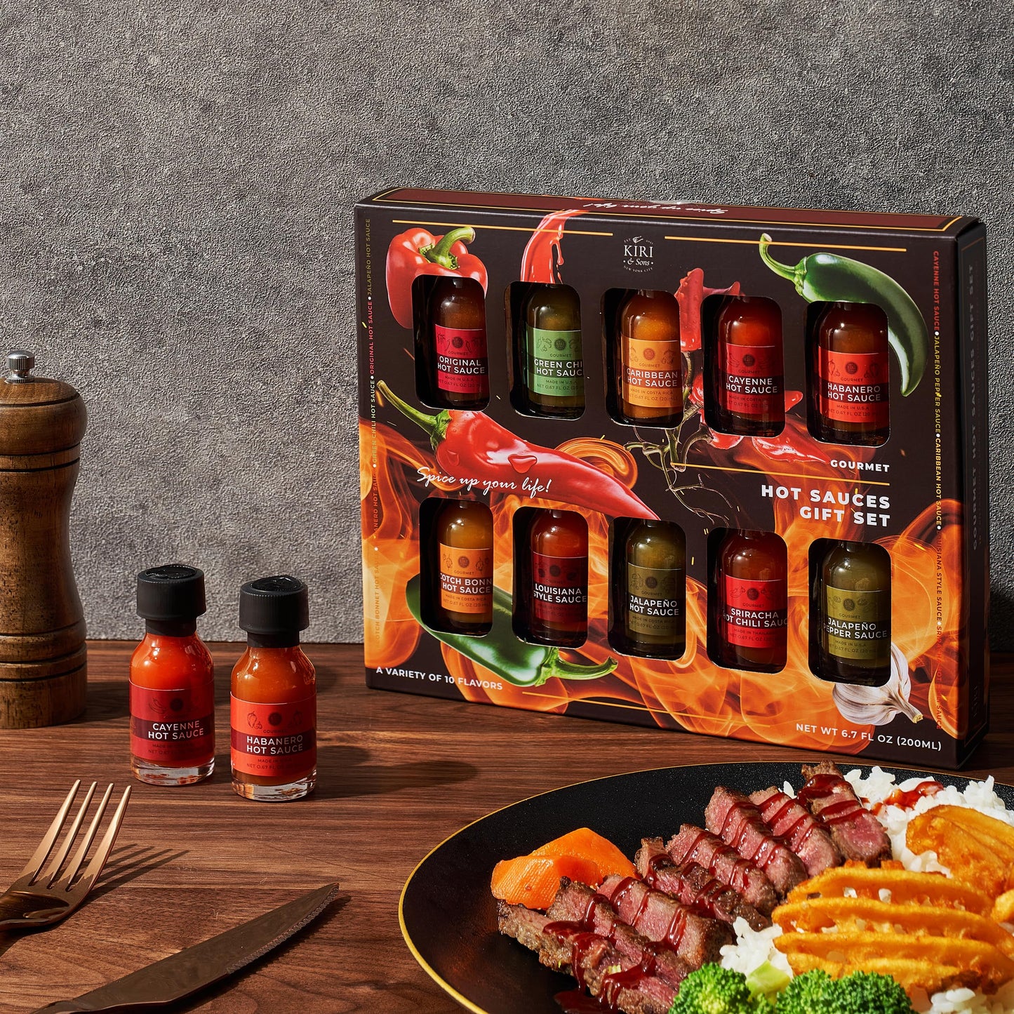 Kiri & Sons Gourmet Hot Sauce Sampler Gift Set of 10 for Fathers Day, Flavors Include Habanero, Scotch Bonnet, Jalapeno, Srirach