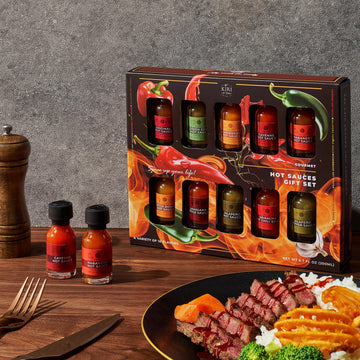 Kiri & Sons Gourmet Hot Sauce Sampler Gift Set of 10 for Fathers Day, Flavors Include Habanero, Scotch Bonnet, Jalapeno, Srirach